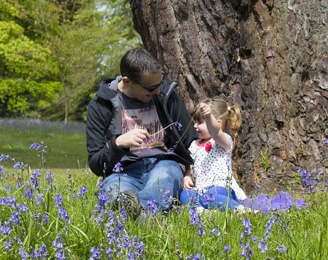 kislány ül a fűben az apukájával