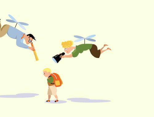 rajz egy családról, a szülők a gyereküket nézik nagyítóval