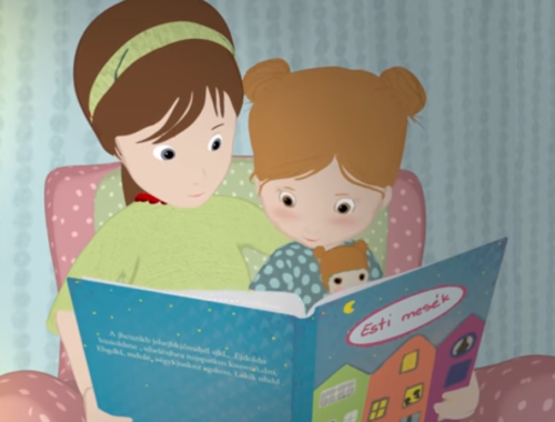 mesét olvasó gyerek anyukával, rajz