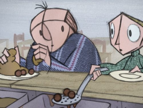 rajz, két ember eszik