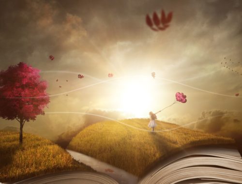 fantasy, mezőn szaladó kislány lufikkal