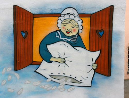 idős néni párnát porol az ablakban festmény