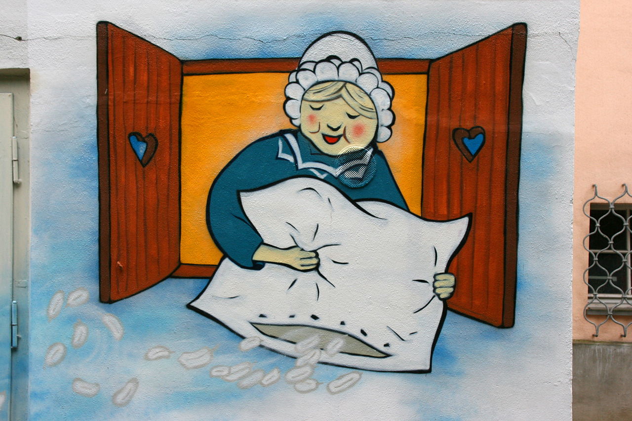 idős néni párnát porol az ablakban festmény