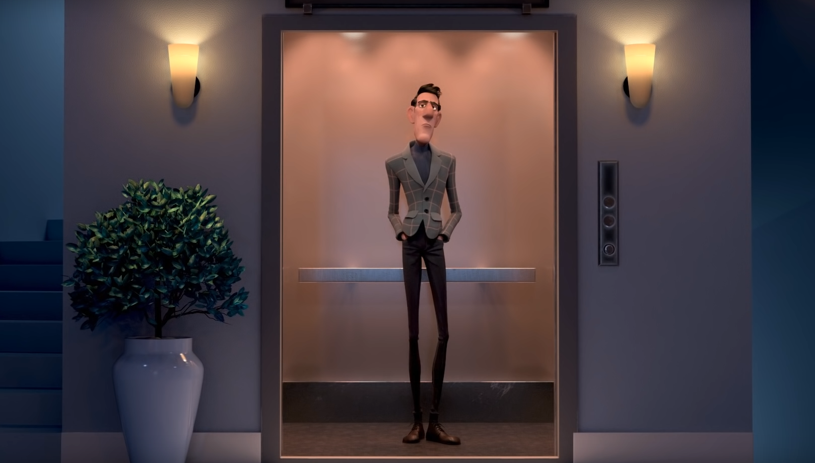 animáció, férfi a liftben