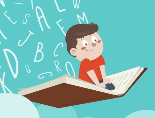 rajz egy fiúról, aki könyvön utazik