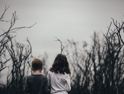 kisfiú és kislány állnak egy erdőben