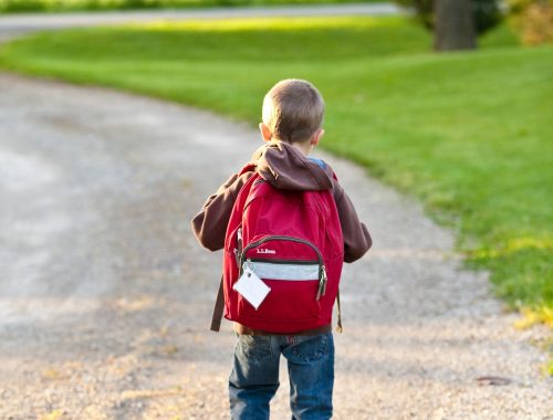 kisfiú hátizsákkal a hátán sétál
