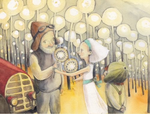 rajz egy férfiről és két gyerekről, pitypangot szednek