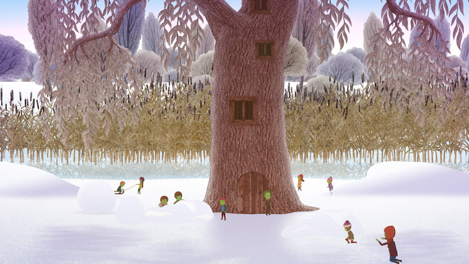 Lengék a fa körül a havas tájon.